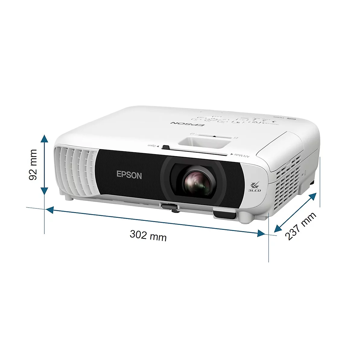 Weißer Epson-Projektor, Maße: 302x237x92 mm. Schwarze Front mit Epson-Logo und Projektionslinse.