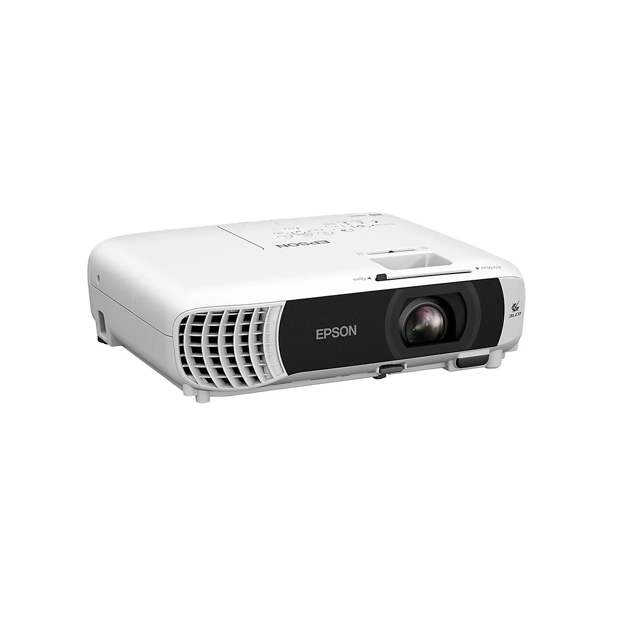 Weißer Epson-Projektor mit schwarzer Front und EPSON-Schriftzug. Objektiv und Lüftungsschlitze sind deutlich zu sehen.