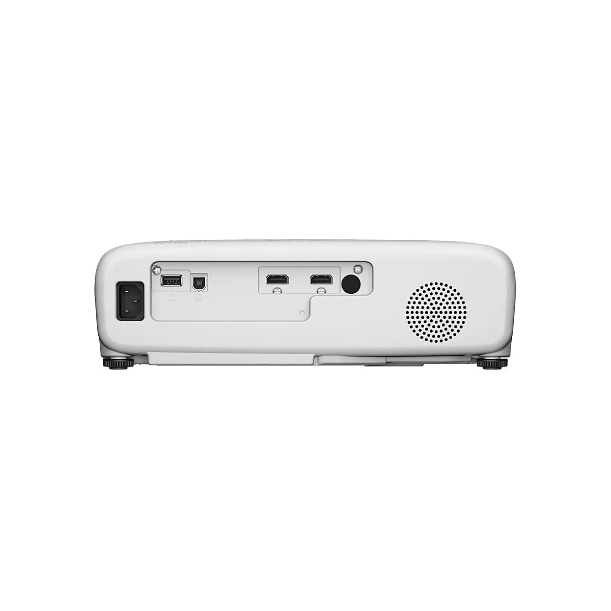 Rückseite eines weißen Projektors, mit Anschlüssen und Lüftung. Stromanschluss, USB, HDMI und Lautsprechergitter.