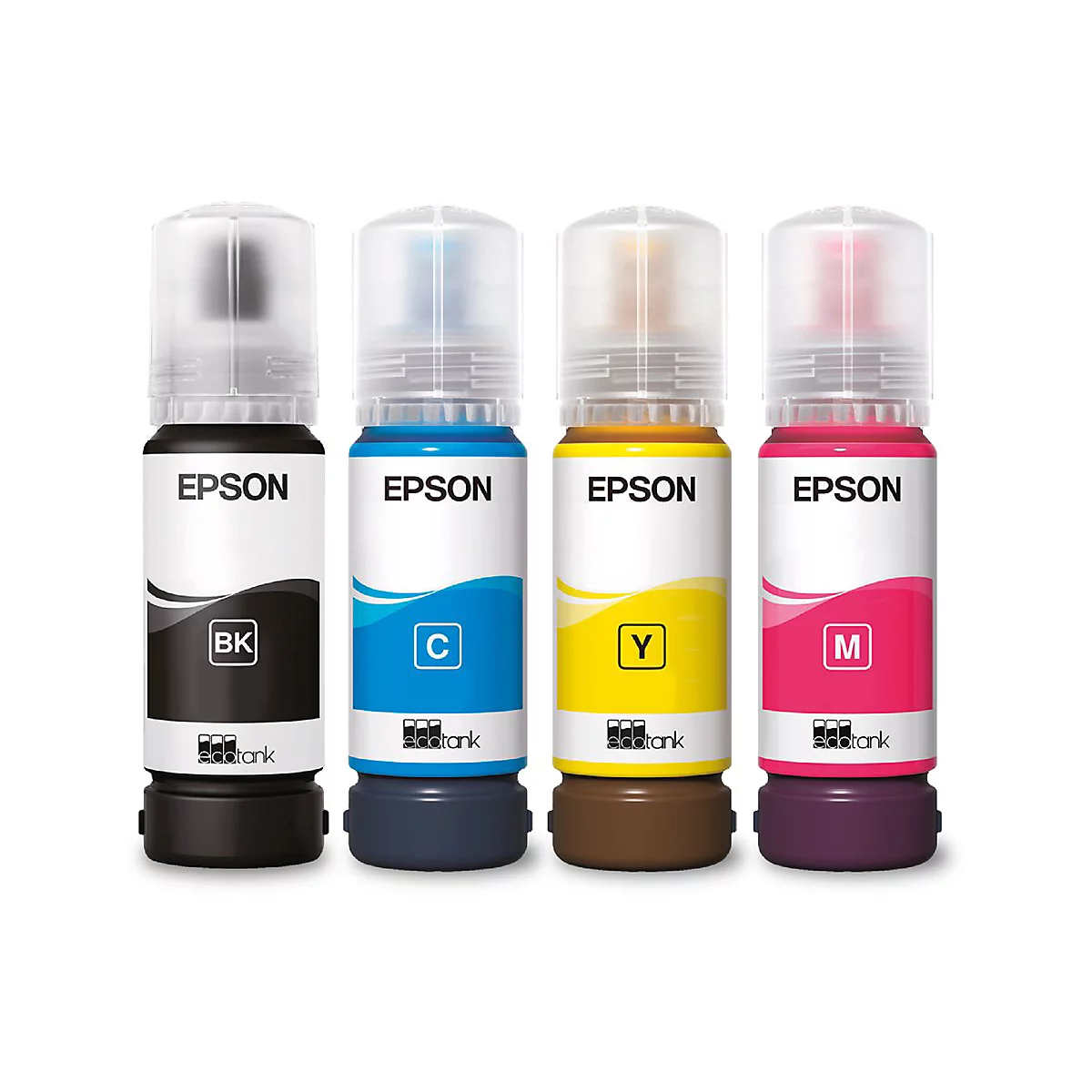 Vier Epson EcoTank Tintenflaschen: Schwarz, Cyan, Gelb und Magenta.