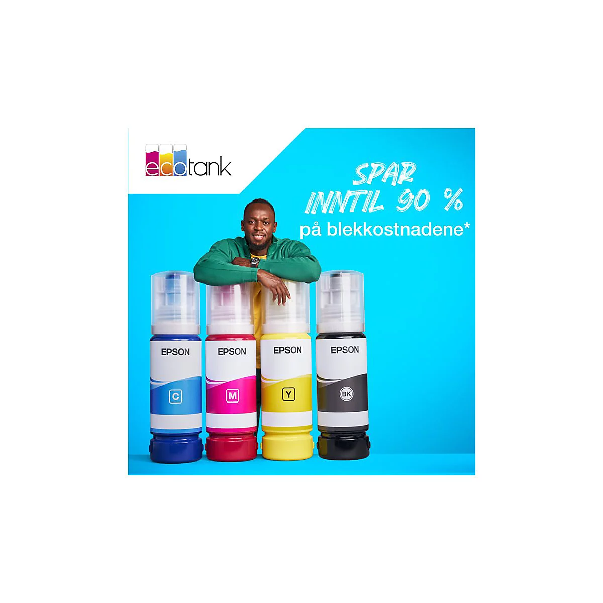 Mann mit grÃ¼ner Jacke neben Epson-Tintenflaschen. Text: Sparen Sie bis zu 90 % bei den Tintenkosten.