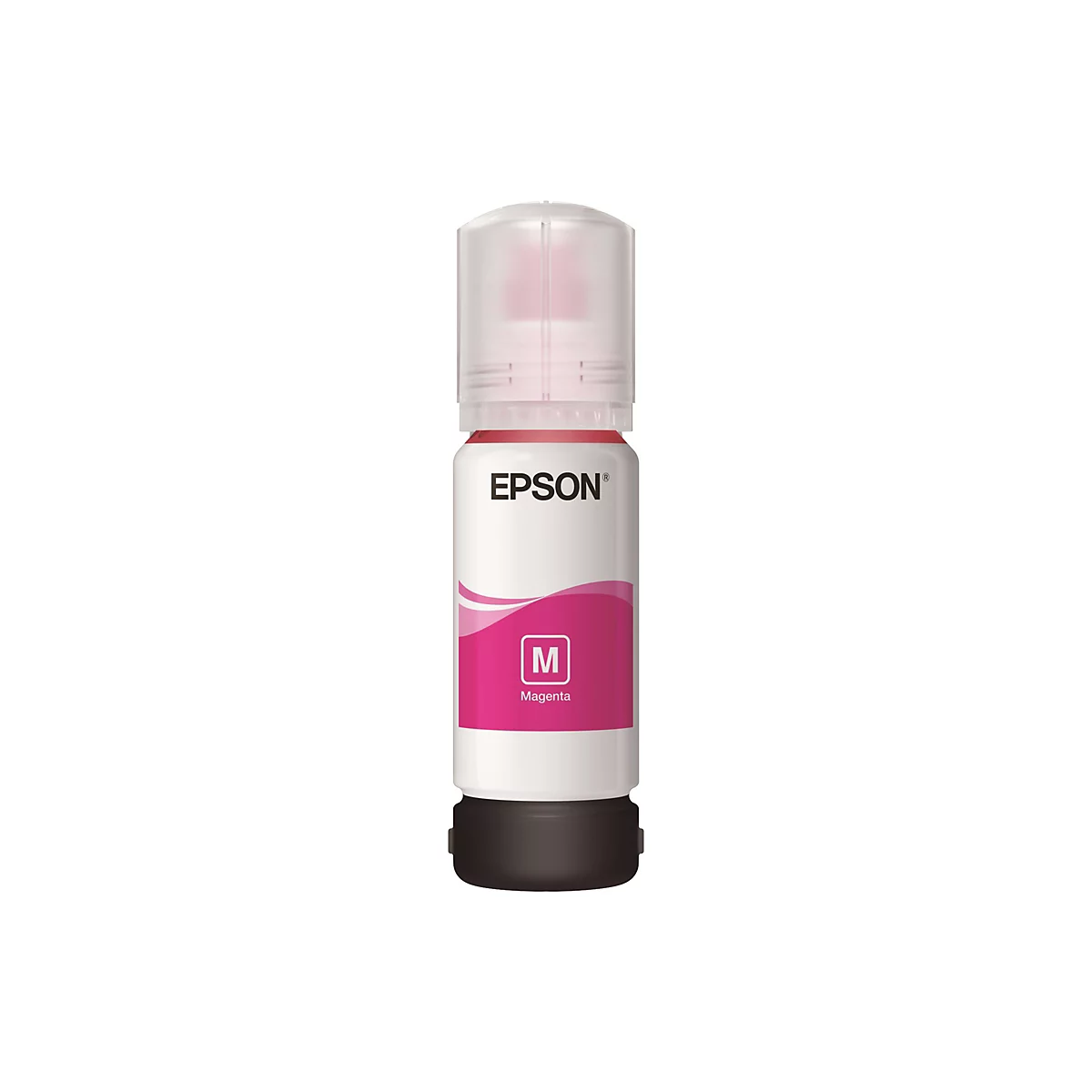 Eine Flasche Epson Magenta-Tinte vor weißem Hintergrund. Mit weißem Deckel und rosa Tinte, darunter Logo und Text.