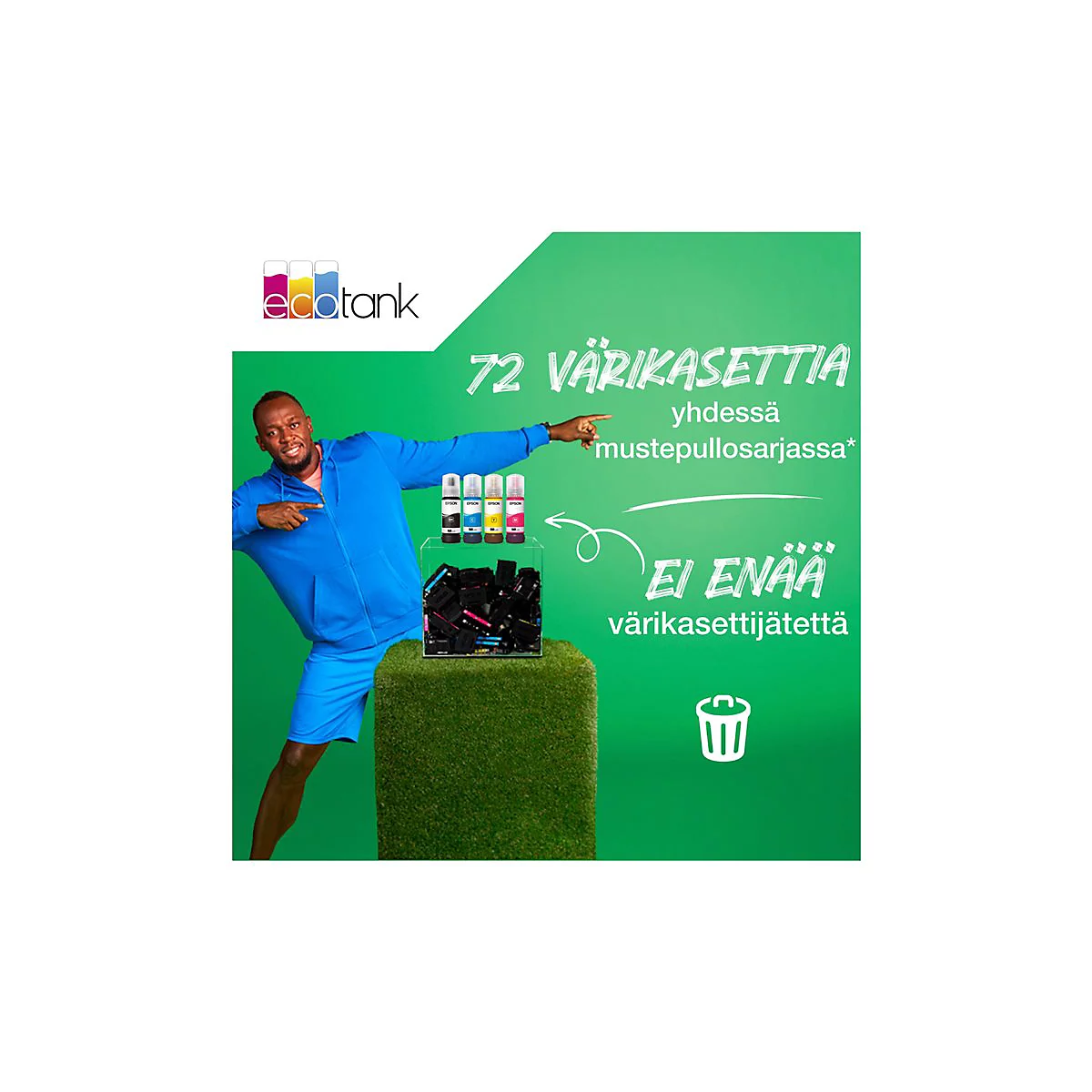 Mann in blauem Anzug zeigt auf Tintenpatronen und Text: 72 Farbkassetten. Kein Tintenpatronenabfall mehr.