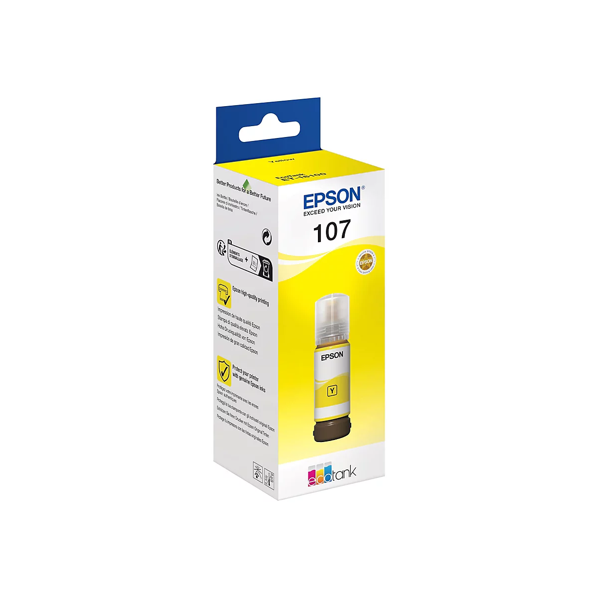 Gelbe Epson Tinte 107 in einer Verpackung. Aufdruck: Epson, EcoTank.