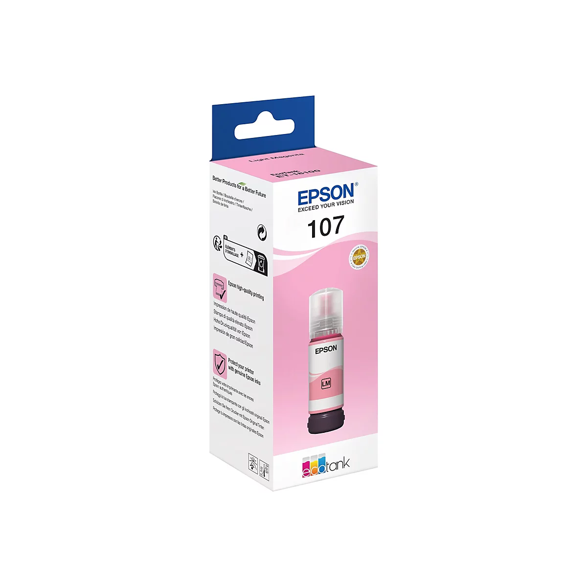 Epson Tintenflasche Light Magenta auf weißem Hintergrund, mit Produktangaben.