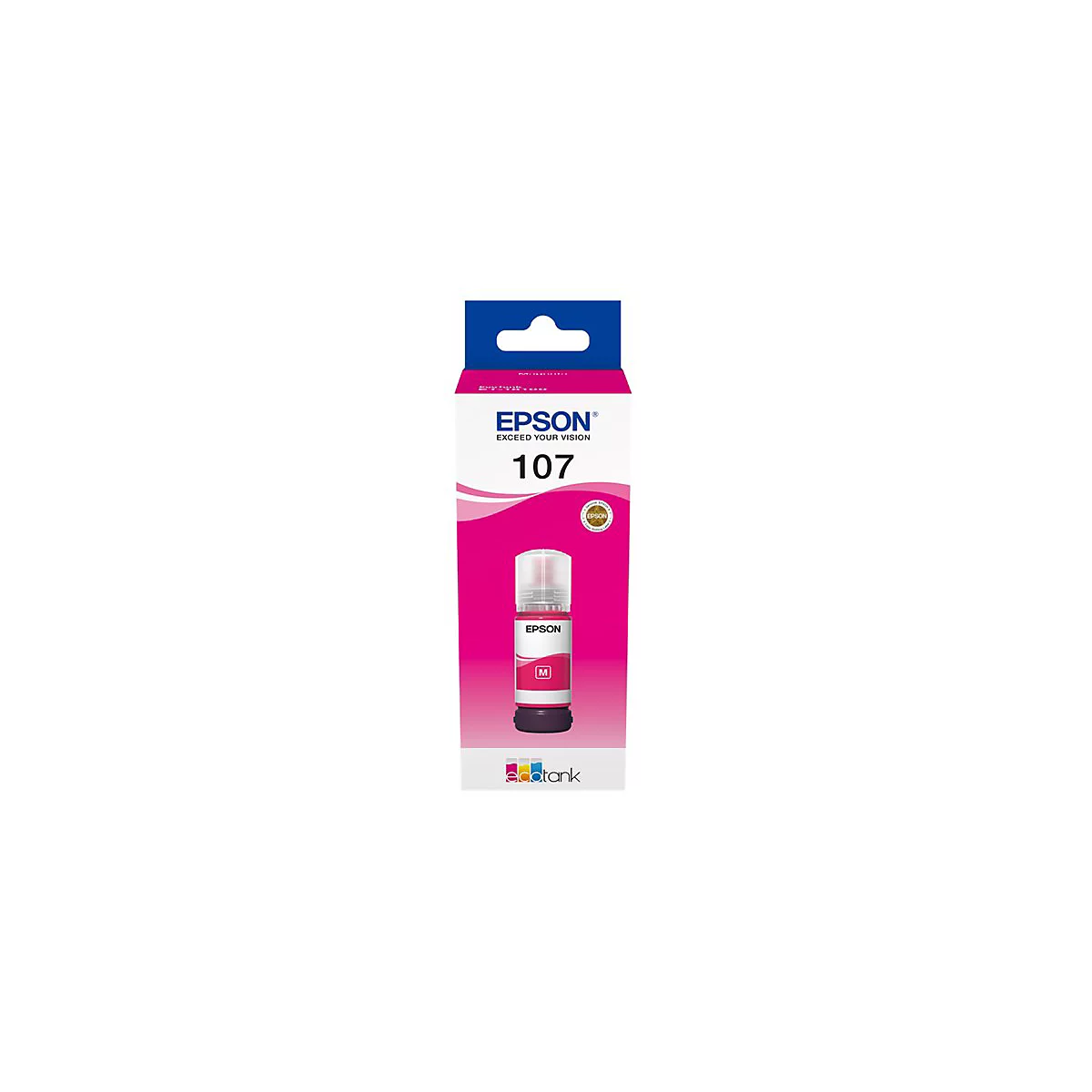 Epson Tinte 107 in pink, Verpackung mit Flasche.