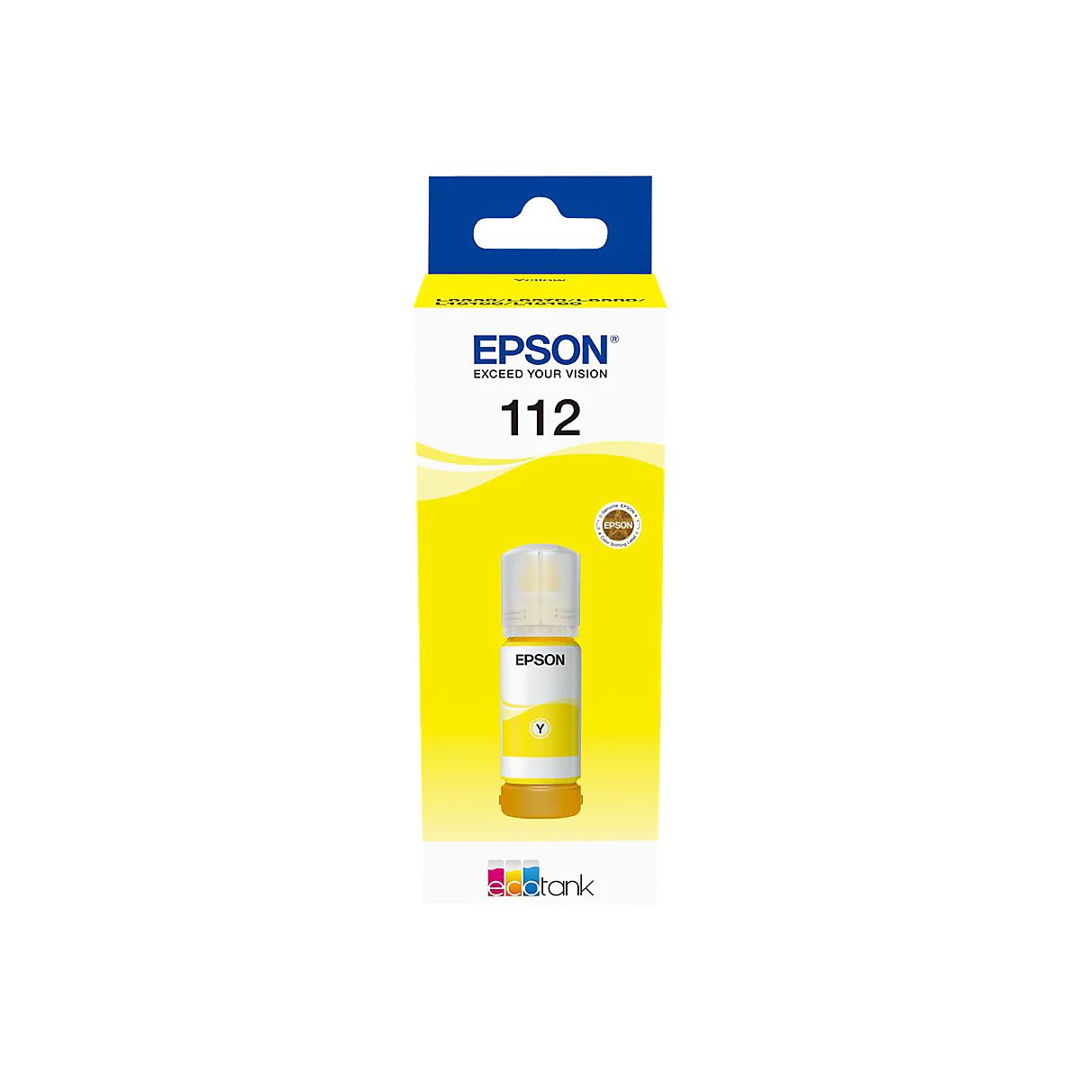 Cartouche d'encre Epson jaune 112 avec liquide jaune au premier plan.