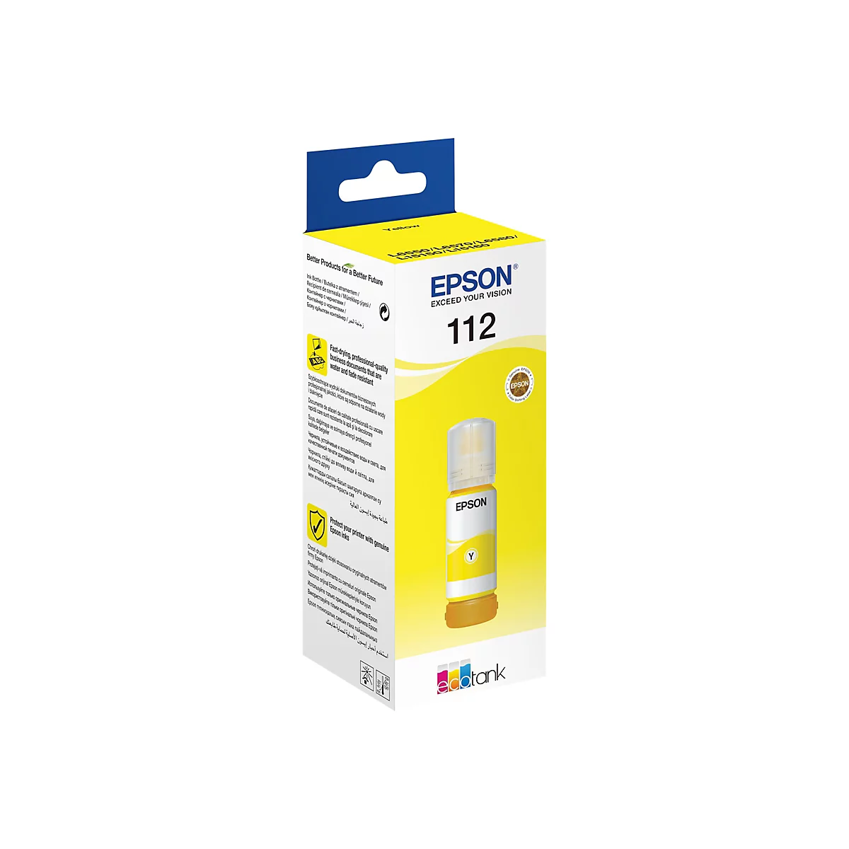 Flacon d'encre jaune pour imprimante, devant un carton jaune. Impression : Epson 112.