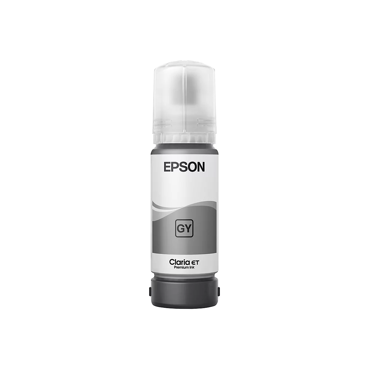 Epson-Tintenflasche in Grau, Etikett mit GY und Claria ET. Deckel transparent.
