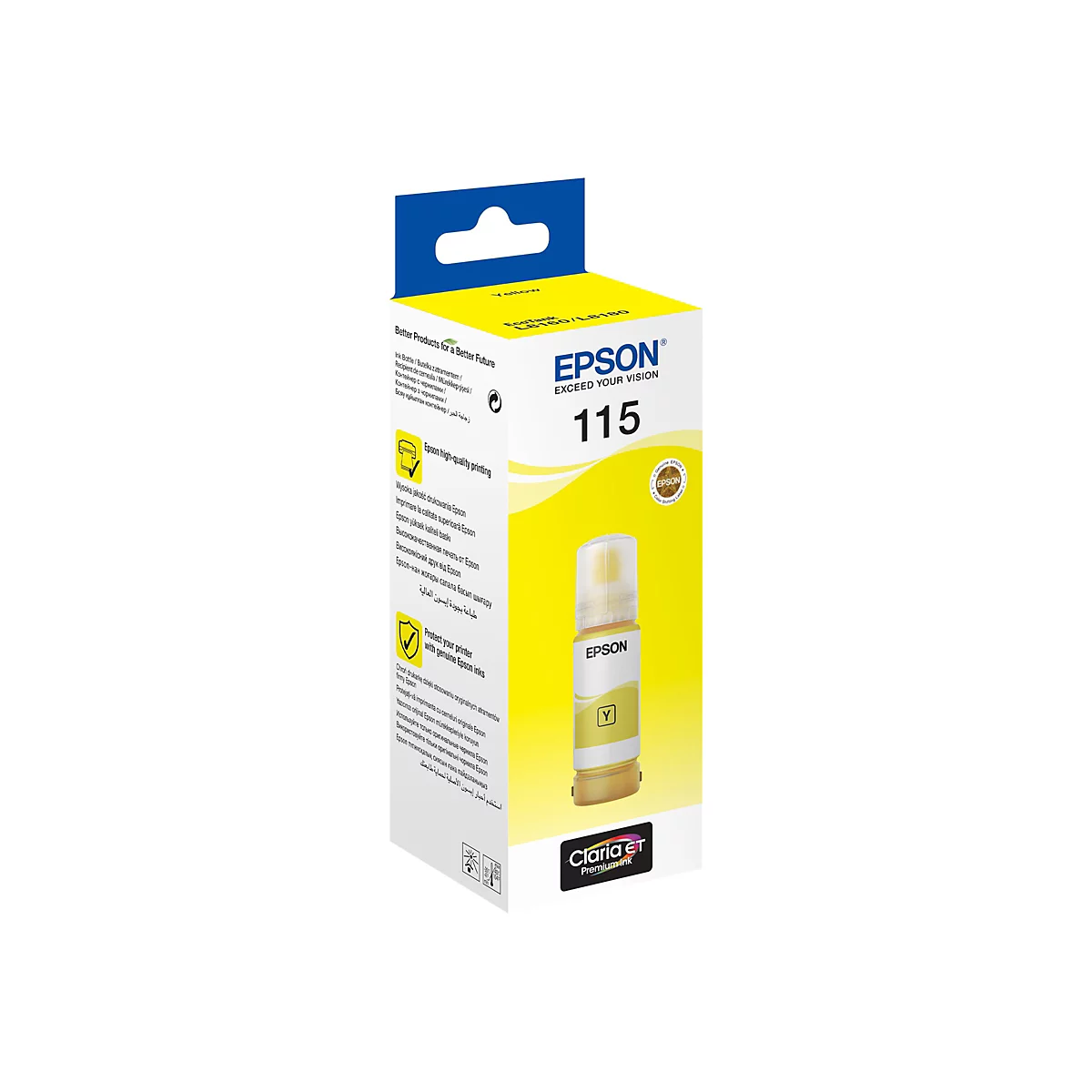 Gelbe Epson 115 Tintentlasche in Originalverpackung vor weißem Hintergrund.