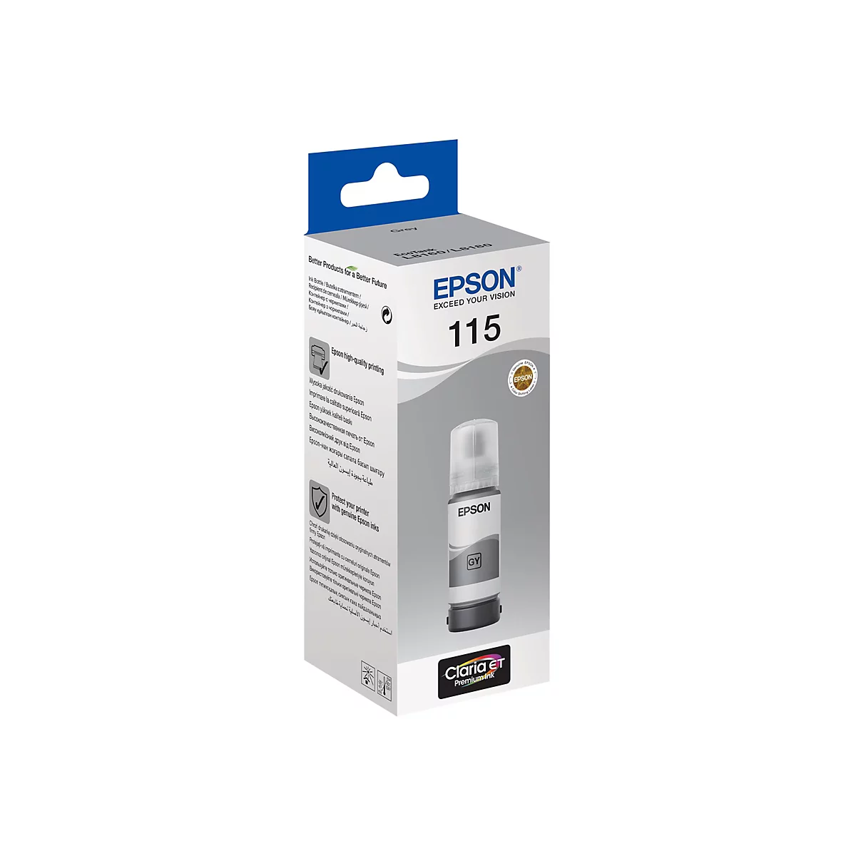 Epson 115 Tintentankflasche in grauer Originalverpackung mit Epson Logo und Claria ET Branding.
