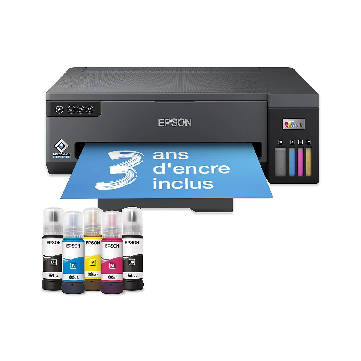 Imprimante Epson EcoTank noire avec impression papier bleue et bouteilles d'encre.