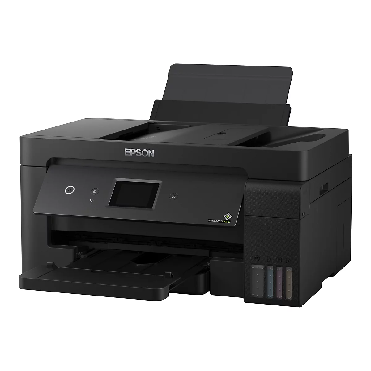 Schwarzer Tintenstrahldrucker, obere Klappe offen. Auf der Oberseite steht "EPSON".