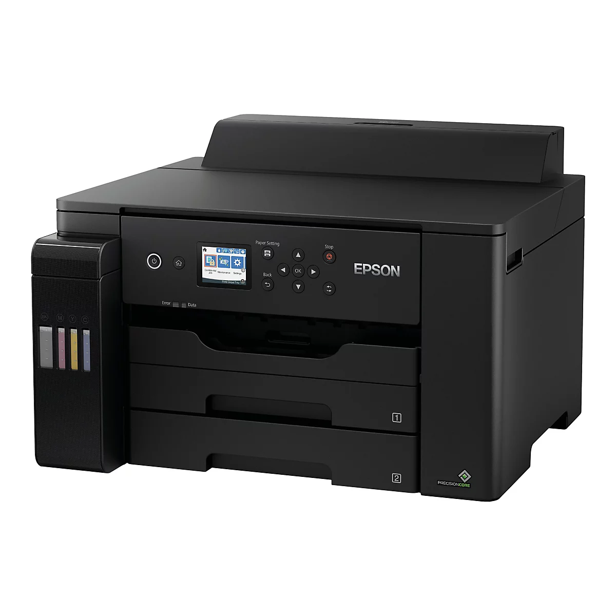 Schwarzer Epson-Drucker mit Display, Bedienknöpfen und Tintenbehältern an der Seite. Der Drucker hat zwei Papierfächer und den Aufdruck „EPSON“.