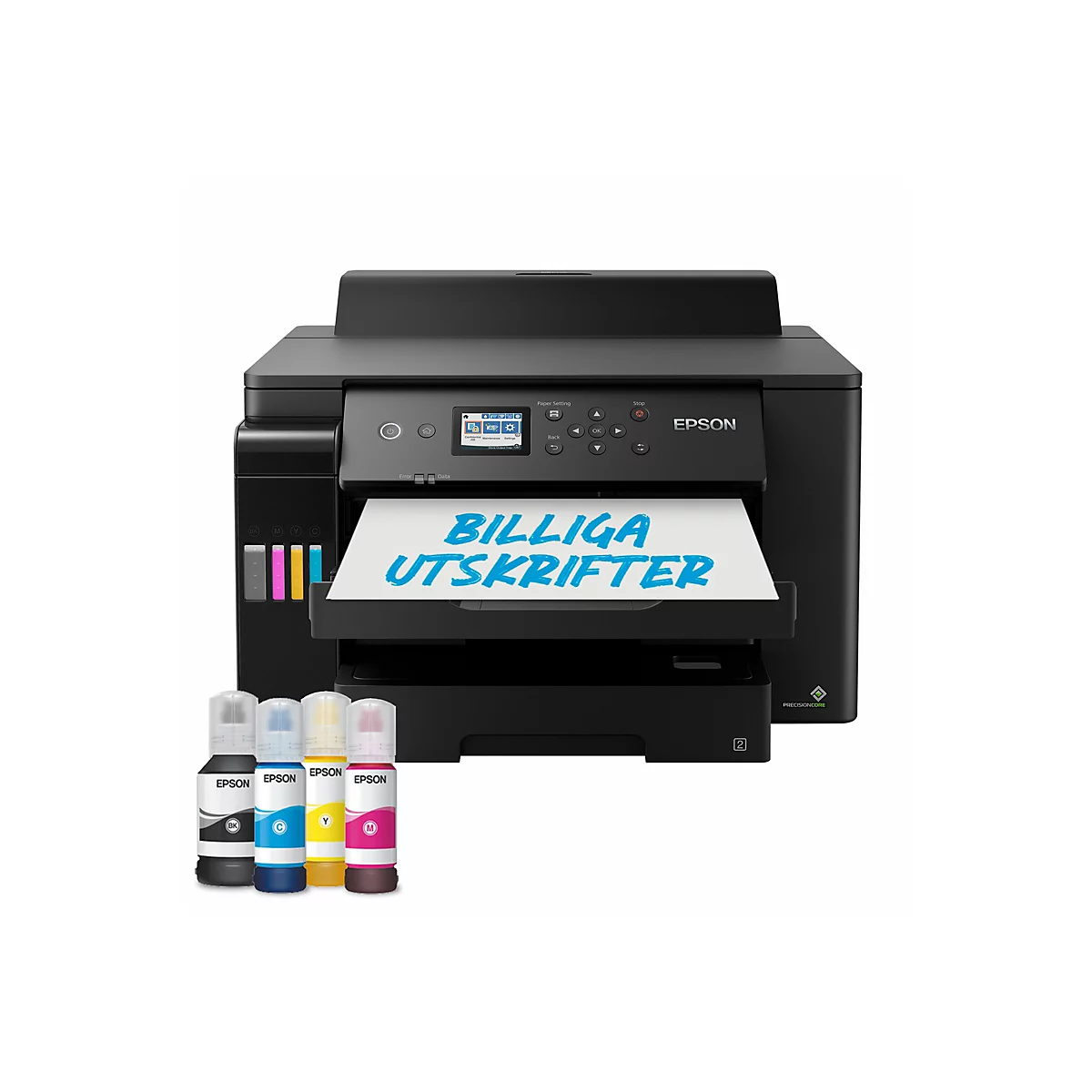 Ein schwarzer Epson-Drucker mit einem Blatt Papier, auf dem "BILLIGA UTSKRIFTER" steht, mit Tintenpatronen. Auf dem Drucker steht Epson.