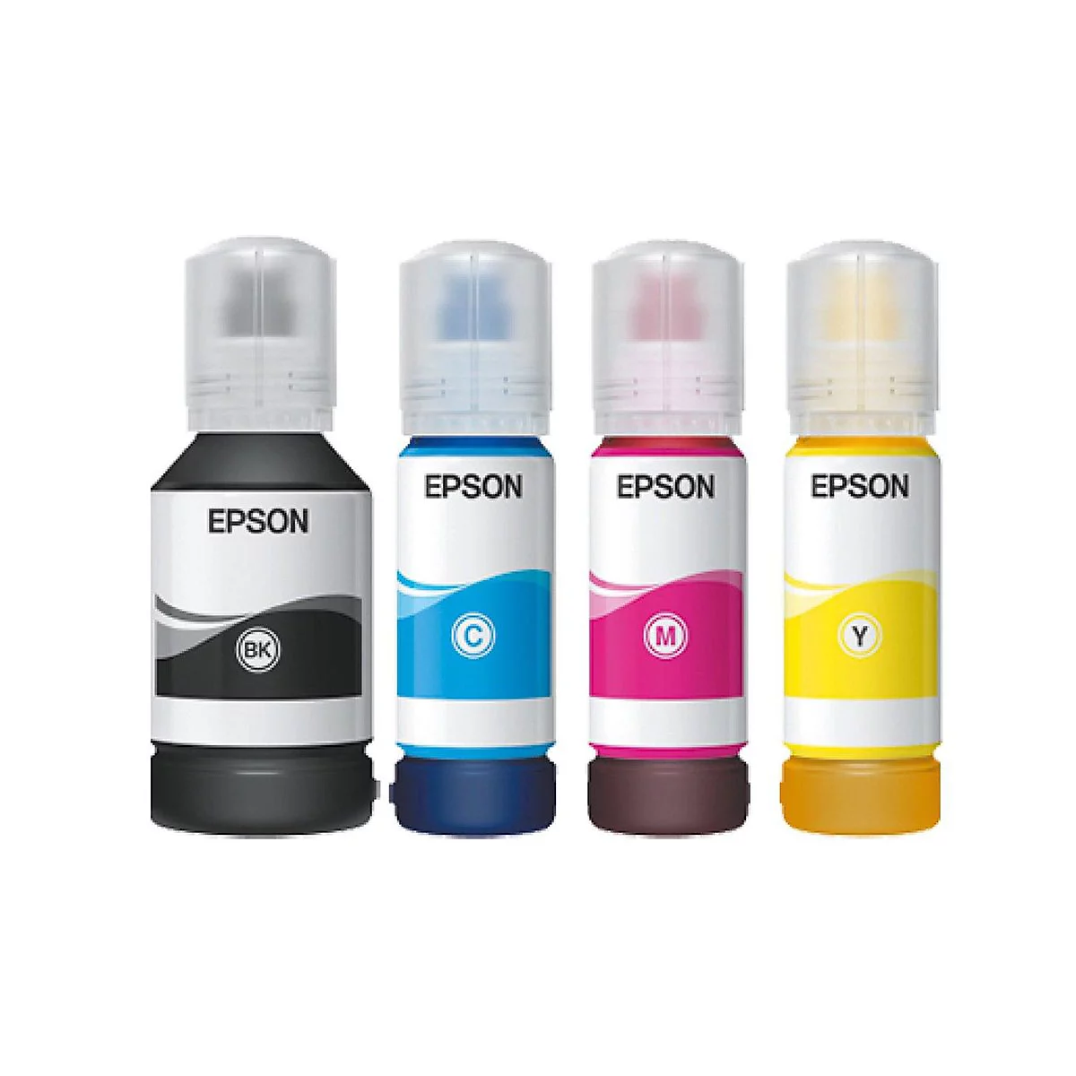 Quatre bouteilles d'encre Epson en noir, cyan, magenta et jaune.