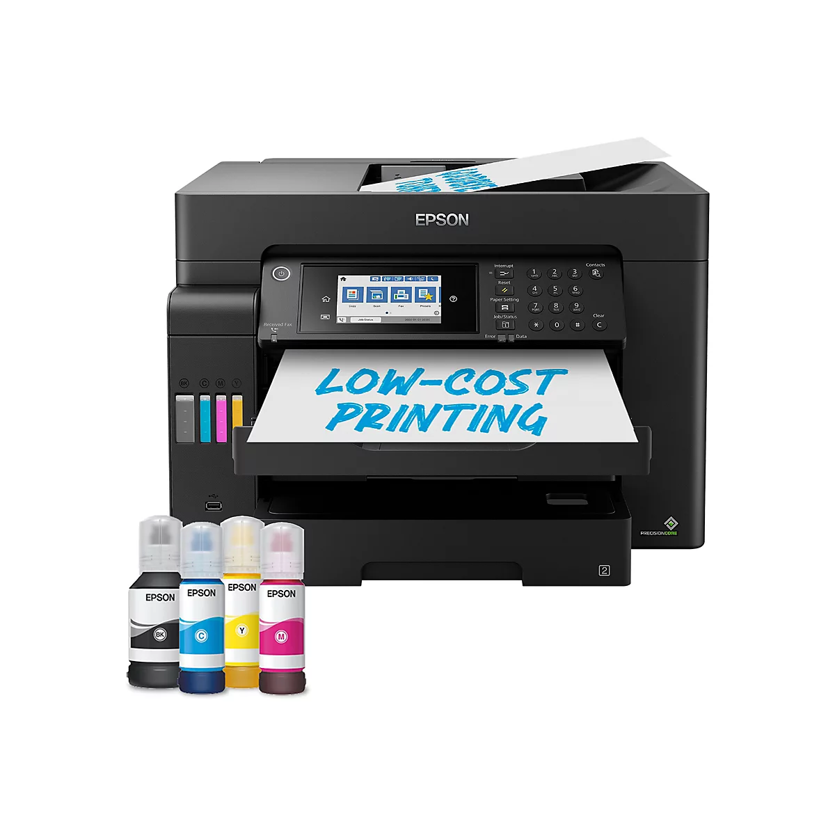 Imprimante Epson noire avec le texte bleu "LOW-COST PRINTING" sur le papier. Bouteilles d'encre colorées à côté de l'imprimante.