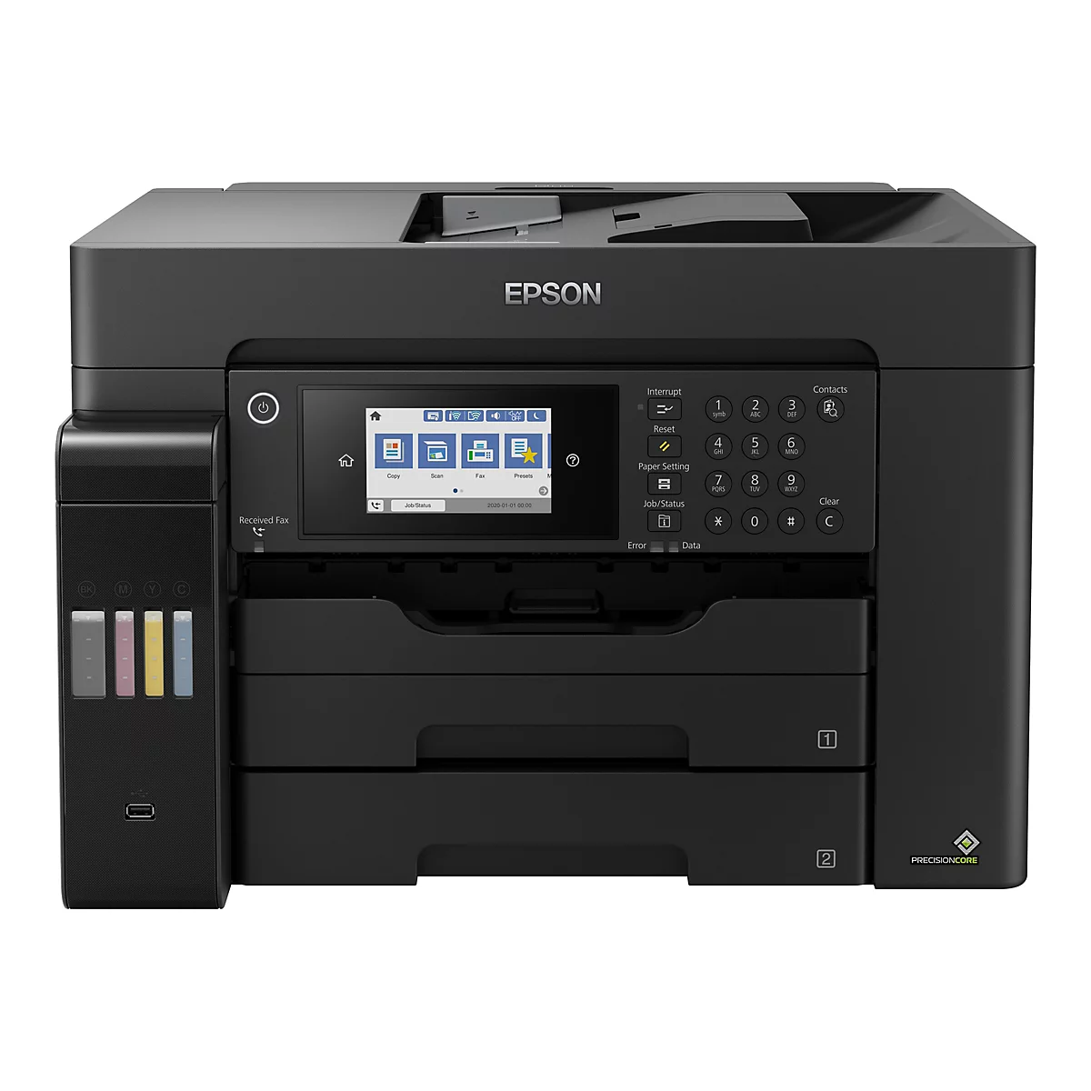 Schwarzer Drucker mit Farbdisplay, Tasten und Tintenpatronen. Auf dem Display werden Funktionen wie Kopieren, Scannen und Faxen angezeigt. Der Drucker ist von Epson.