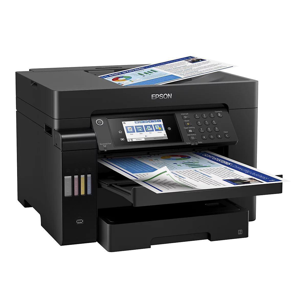 Schwarzer Epson-Multifunktionsdrucker mit Bedienfeld, Papiereinzug und Papierschacht; bedruckte Dokumente werden ausgegeben.