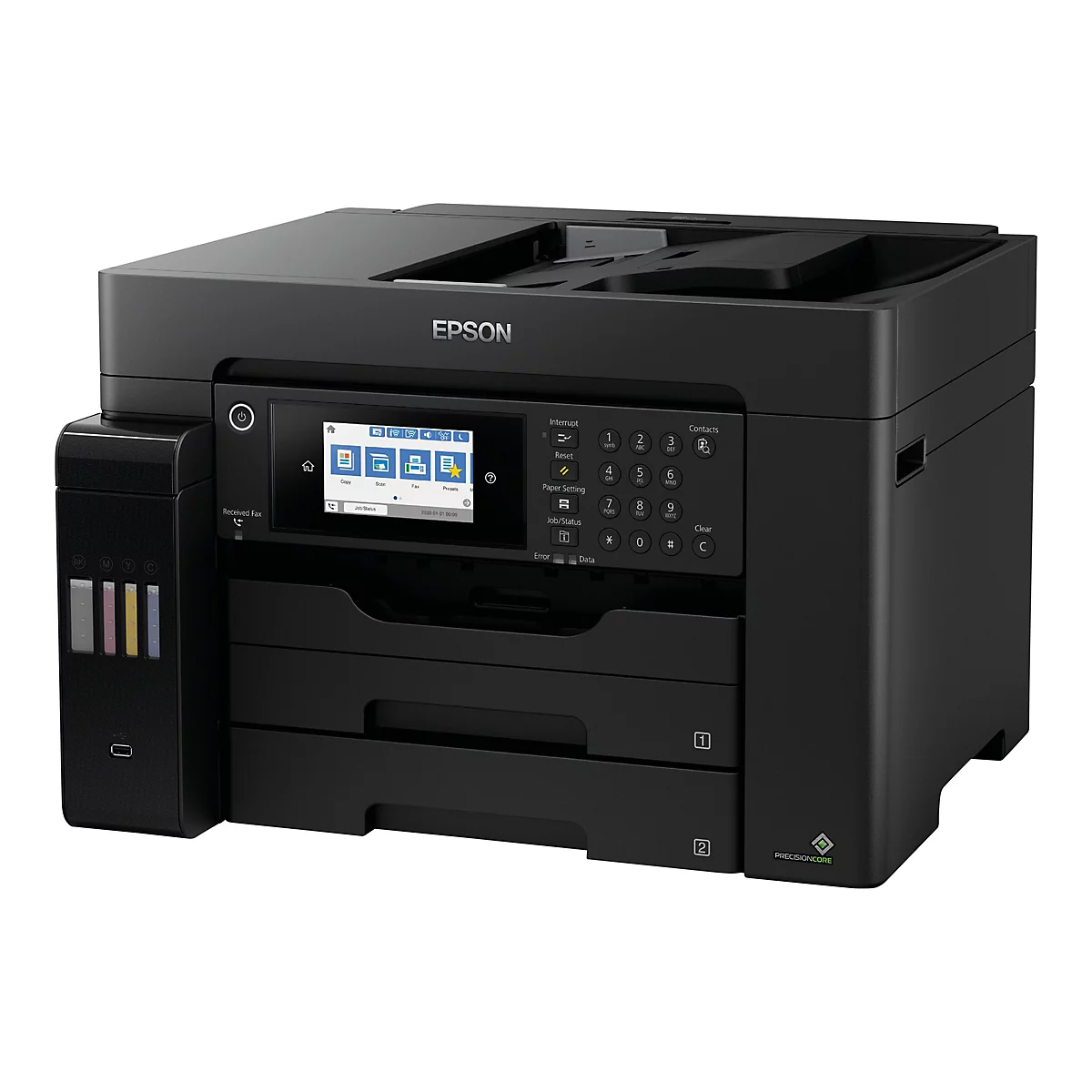 Schwarzer Epson Drucker. Das Display zeigt Optionen für Kopieren, Scannen und Faxen. Auf der rechten Seite befinden sich Tasten für die Eingabe.