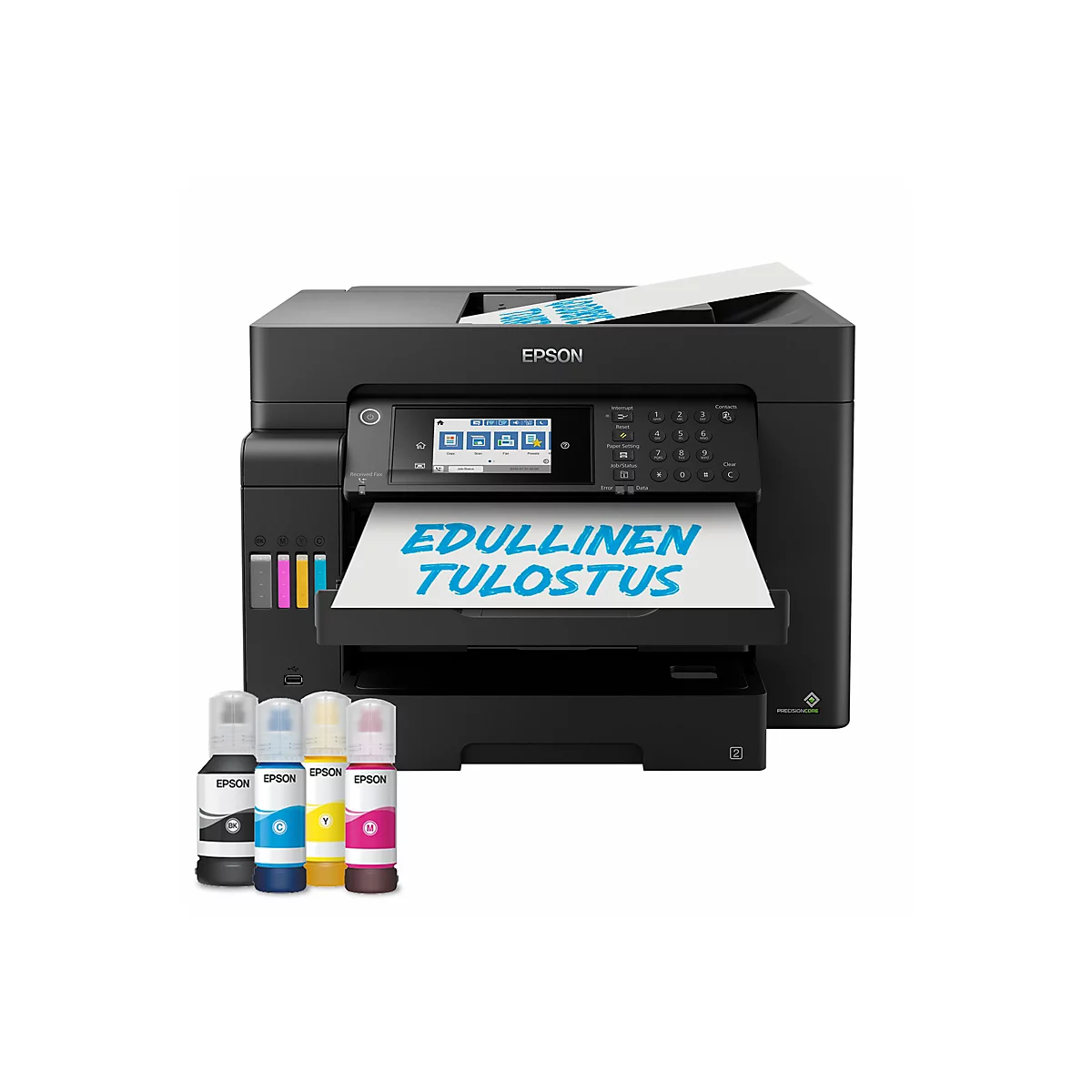 Schwarzer Drucker von Epson. Auf einem Blatt Papier steht in blauer Schrift: EDULLINEN TULOSTUS. Tintenpatronen daneben.