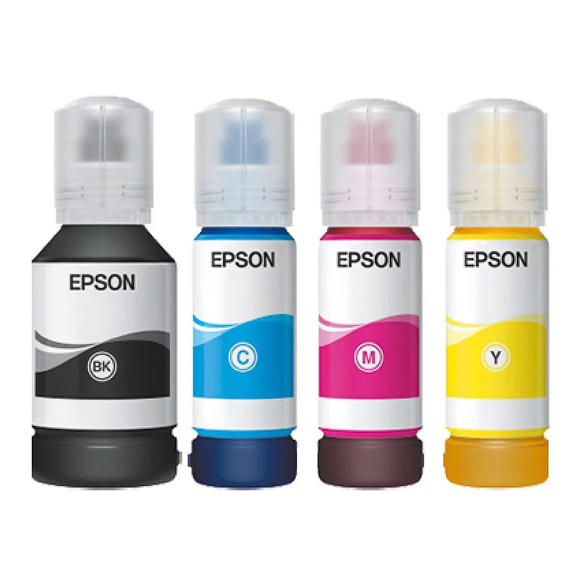Vier Tintenflaschen von Epson in den Farben Schwarz, Blau, Magenta und Gelb. Auf jeder Flasche steht Epson und die jeweilige Farbe.