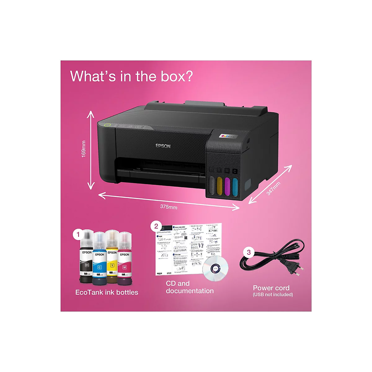 Epson EcoTank Drucker mit Abmessungen, Tintenflaschen, Dokumentation und Netzkabel auf magentafarbenem Hintergrund.