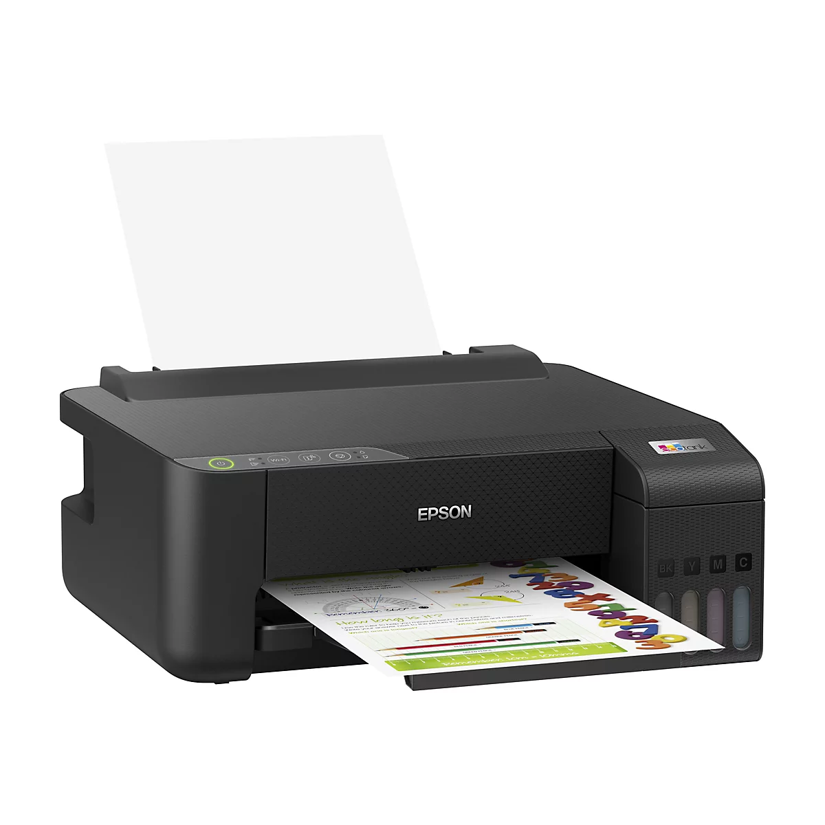 Ein schwarzer Epson-Drucker druckt ein Blatt Papier mit farbigen Grafiken. Oben ist ein weißes Blatt Papier zu sehen, das herauskommt. Auf dem Drucker stehen die Worte EPSON und EcoTank.