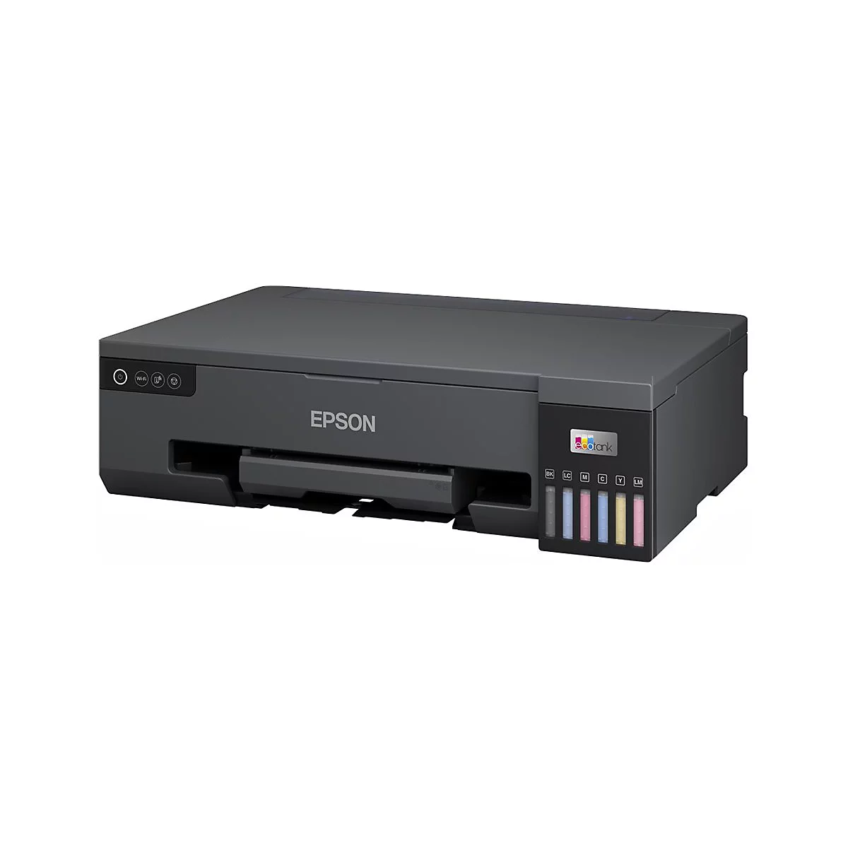 Dunkelgrauer Epson-Drucker. Auf der Vorderseite: Ein-Aus-Taste, WLAN-Symbol, Tintenstandsanzeige. Tintenbehälter mit farbigen Füllständen.