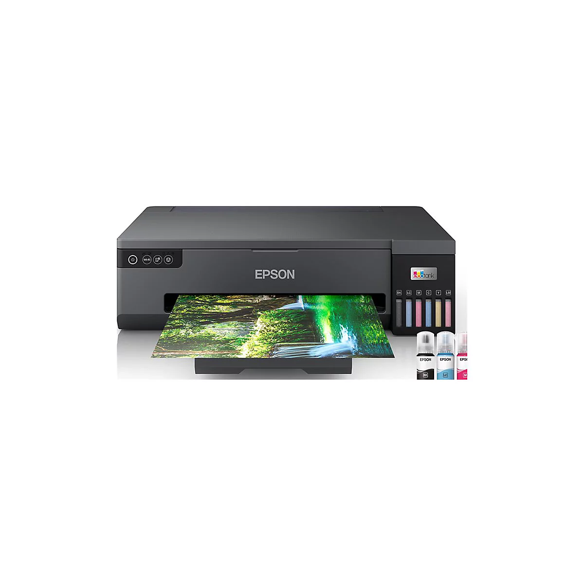 Drucker mit einem Ausdruck eines Wasserfalls. Daneben Tintenflaschen.