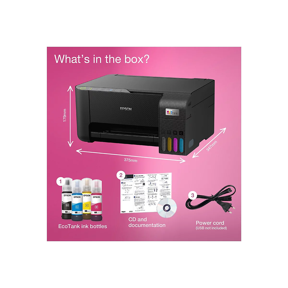 Schwarz-Drucker mit Zubehör, auf rosa Hintergrund. Abgebildet sind EcoTank-Tintenflaschen, eine CD, Dokumentation und ein Netzkabel. Auf dem Drucker steht Epson.