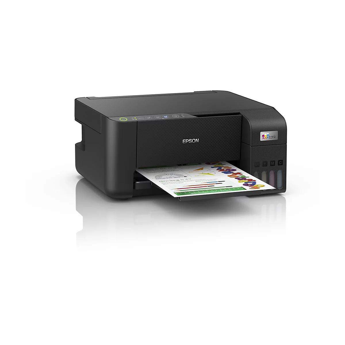 Ein schwarzer Epson EcoTank-Drucker, der ein buntes Arbeitsblatt ausdruckt. Auf dem Drucker steht „Epson“ und „EcoTank“.
