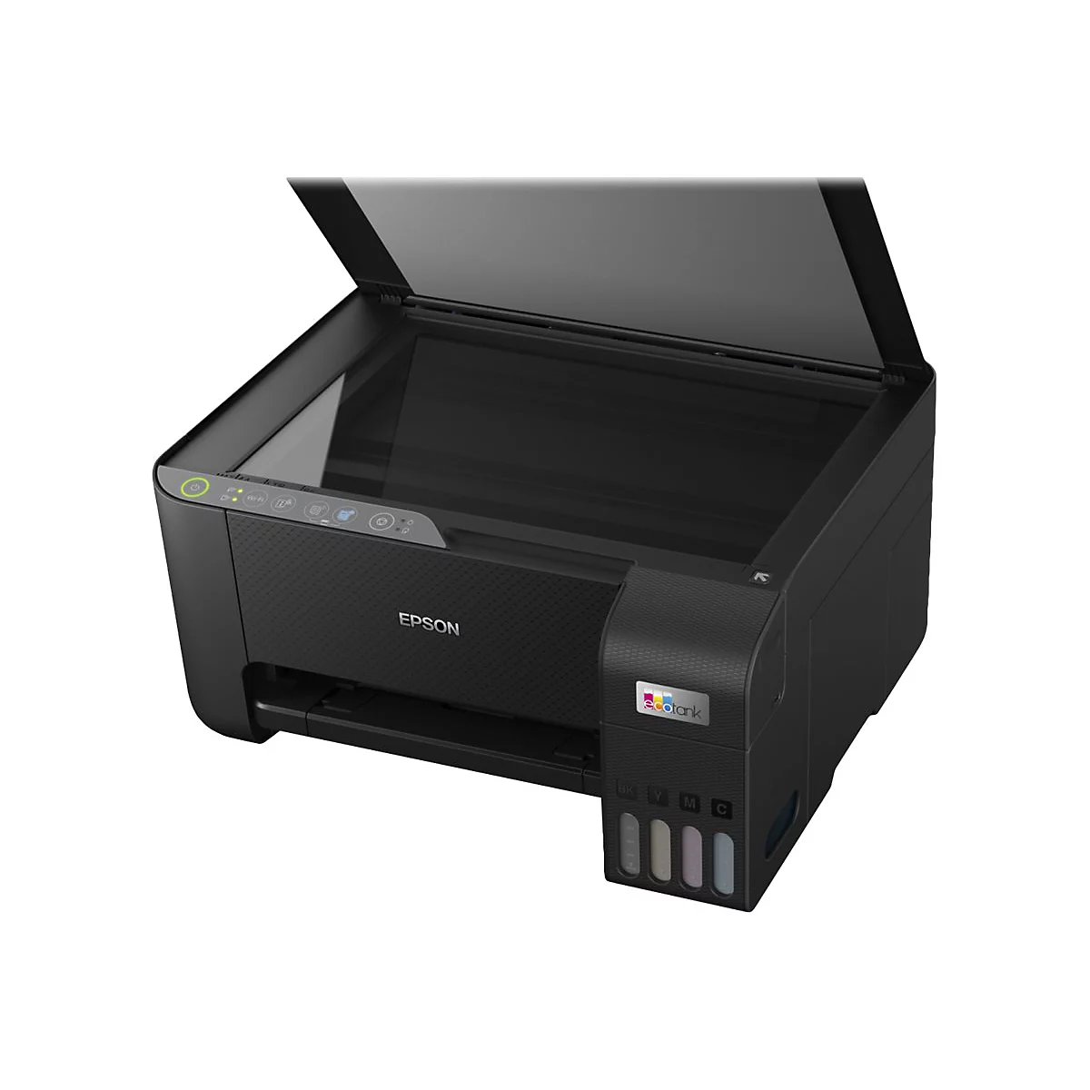 Schwarzer Epson-Drucker mit geöffnetem Scannerdeckel. Auf der Seite sind die Farbtintenflaschen zu sehen.