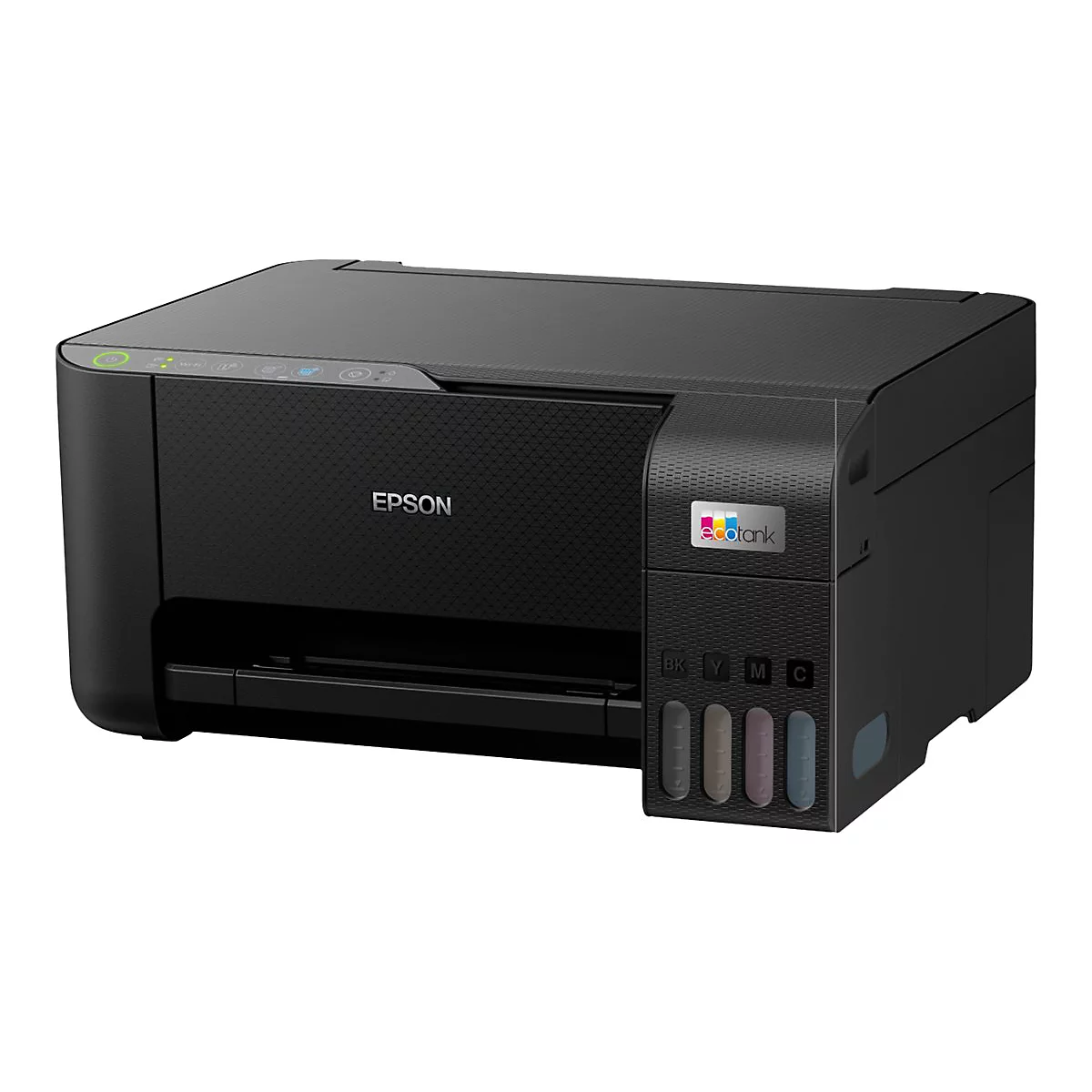 Schwarzer Epson EcoTank Drucker, Vorderansicht, Tasten und Beschriftung sichtbar.