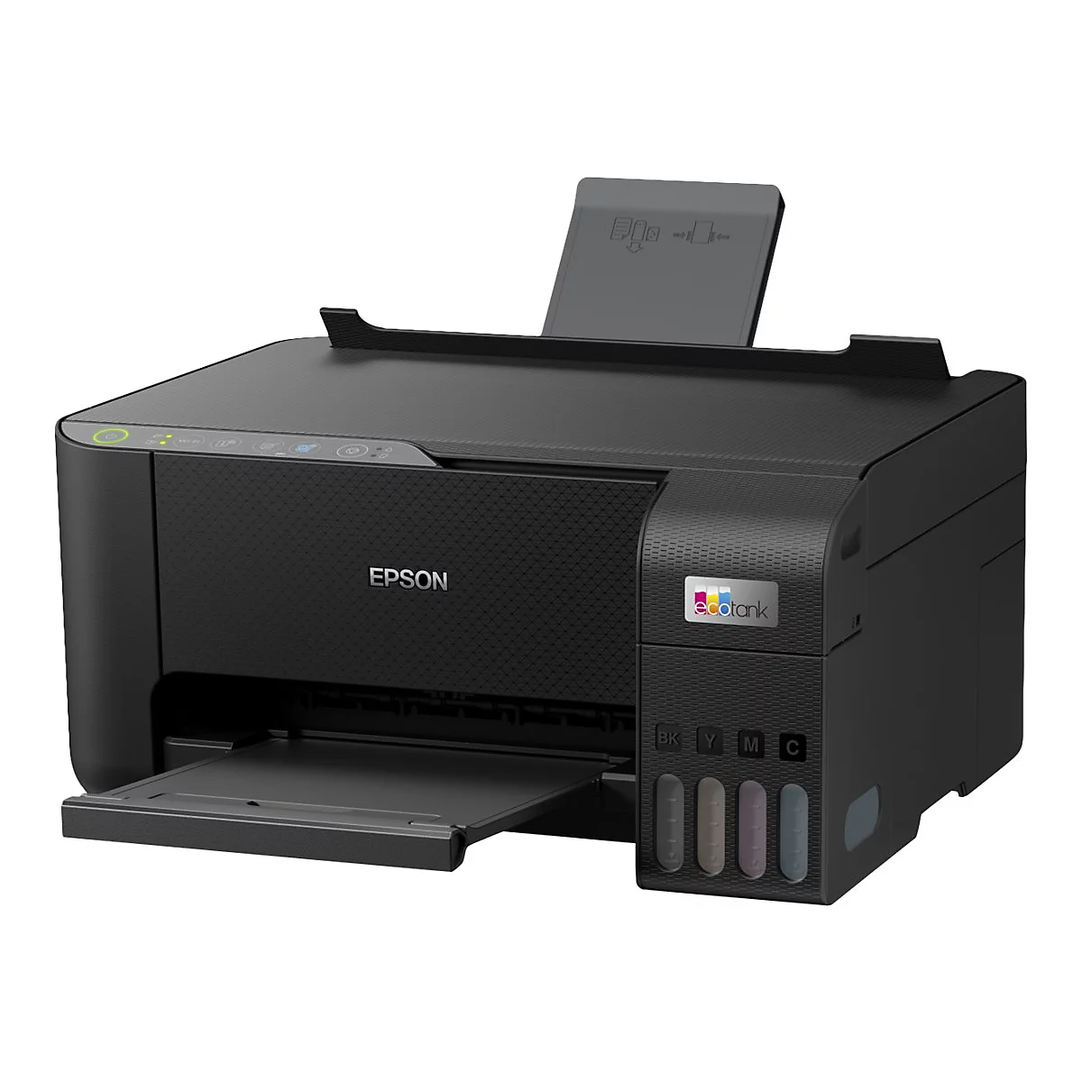 Schwarzer Epson EcoTank-Drucker mit geöffnetem Papiereinzug und Farbpatronen. Oben ist ein Bedienfeld mit Knöpfen.