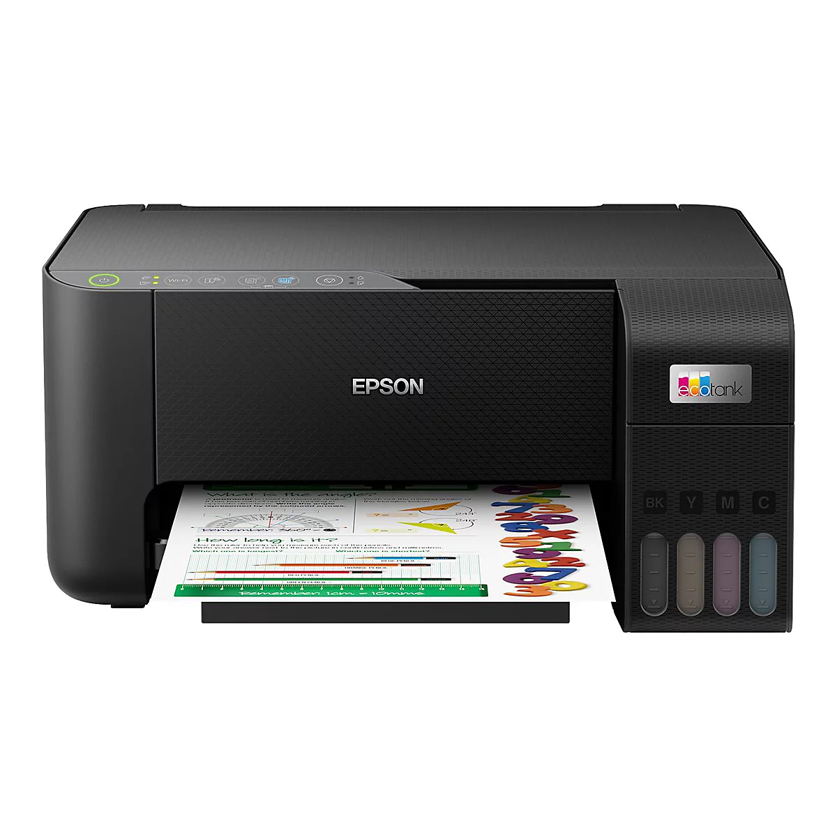 Schwarzer Epson-Multifunktionsdrucker. Gedrucktes Blatt Papier mit farbigen Grafiken. Am rechten Rand befinden sich die Tintenbehälter.