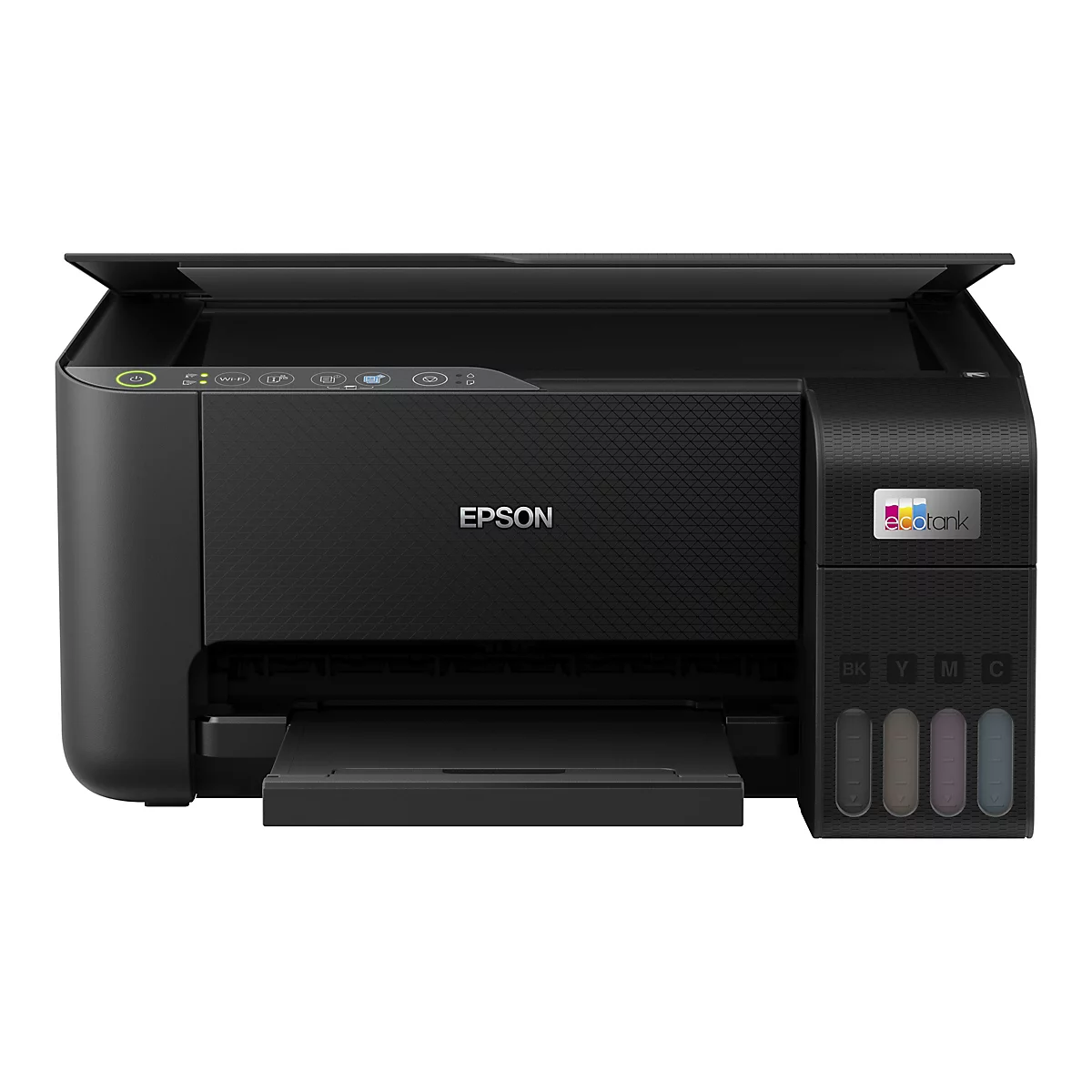 Schwarzer Epson EcoTank-Drucker auf weißem Hintergrund, mit geöffnetem Deckel und Bedienfeld mit Symbolen.