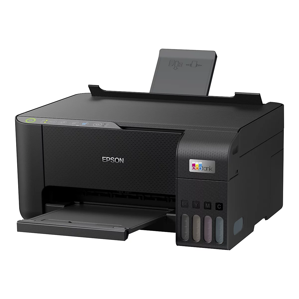 Schwarzer Epson EcoTank Drucker mit offenem Papierausgabefach. Der Drucker hat ein Bedienfeld mit verschiedenen Symbolen und einen Aufsatz für Papier.