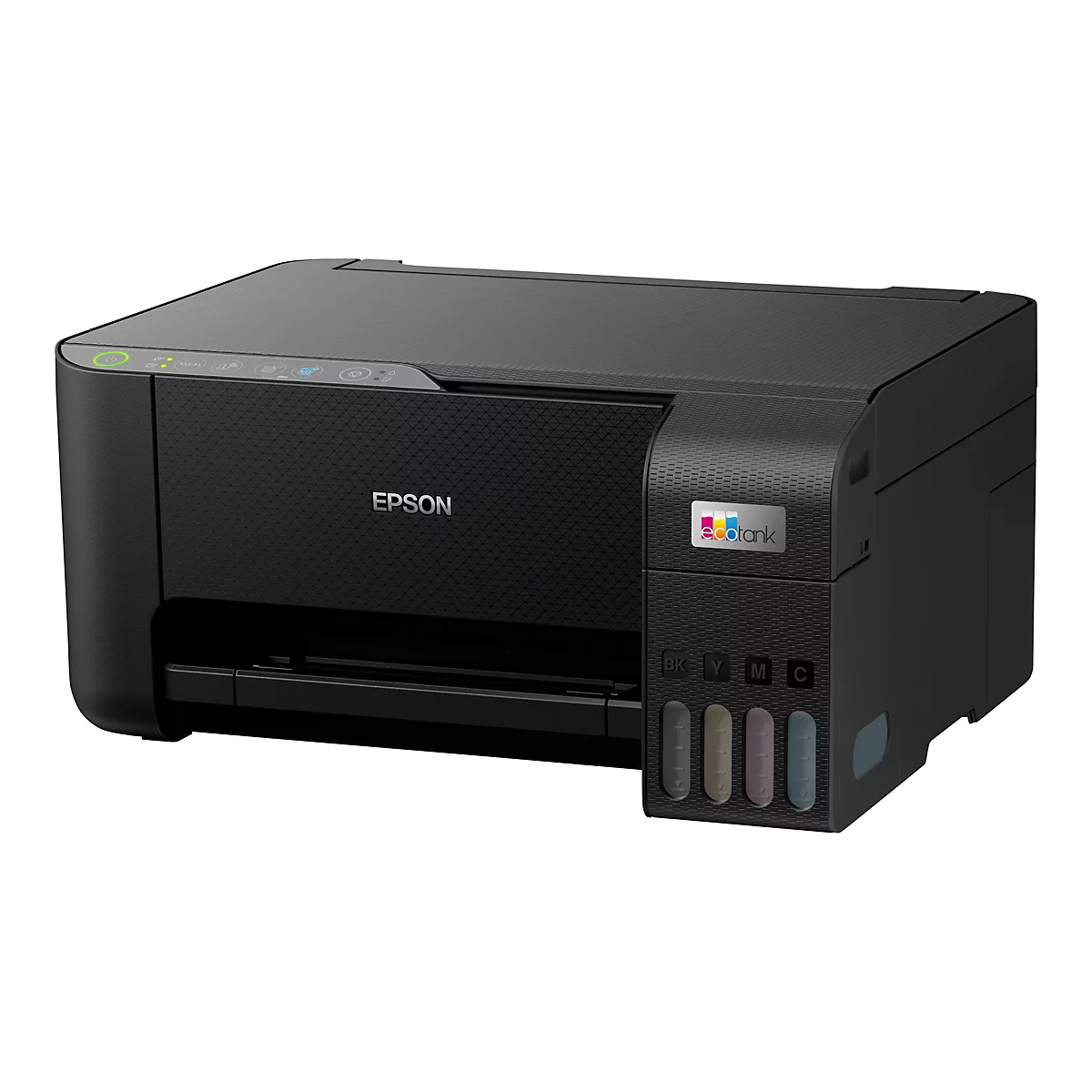 Schwarzer Epson EcoTank-Drucker vor weißem Hintergrund mit integrierten Tintentanks an der Front.