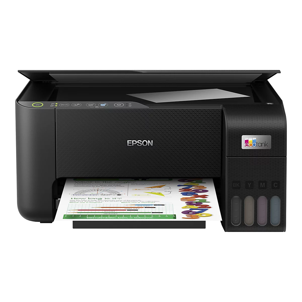 Schwarzer Epson EcoTank Drucker mit Tintentanks vorne und gedrucktem Arbeitsblatt im Ausgabefach.
