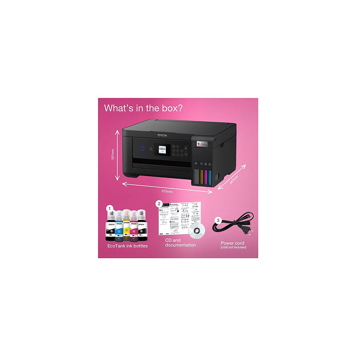 Schwarzer Epson-Drucker, rechts daneben Tintenflaschen, Dokumentation, Stromkabel, Text: What's in the box?