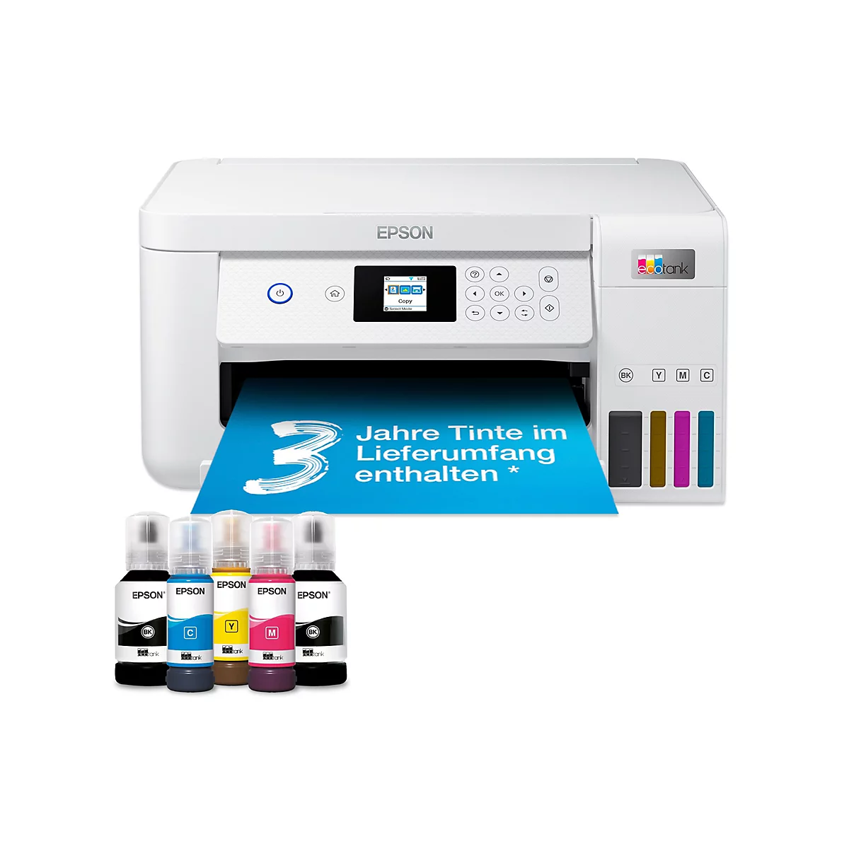 Weißer Epson EcoTank Drucker mit blauem Papier und Aufschrift "3 Jahre Tinte". Unterhalb sind Tintenflaschen.