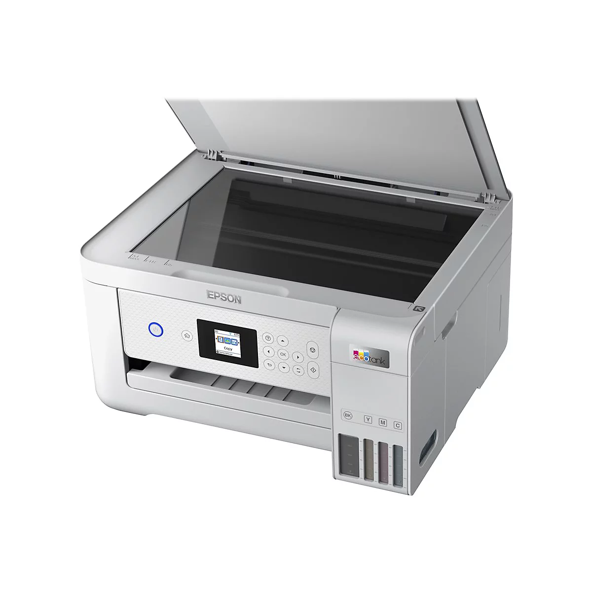 Weißer Epson EcoTank Multifunktionsdrucker mit geöffnetem Scannerdeckel auf weißem Hintergrund.