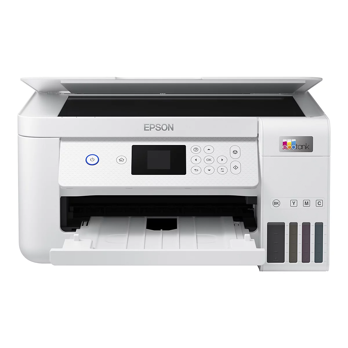 Weißer Epson EcoTank-Drucker mit Tintentanks vorne und Bedienfeld in der Mitte.