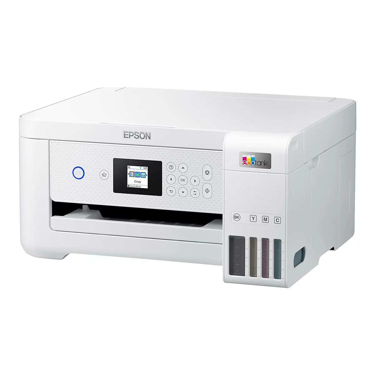 Ein weißer Drucker mit EPSON-Logo. Auf der Vorderseite befindet sich ein kleines Display mit Optionen. Rechts ein ecotank-Behälter mit Farbtinten.