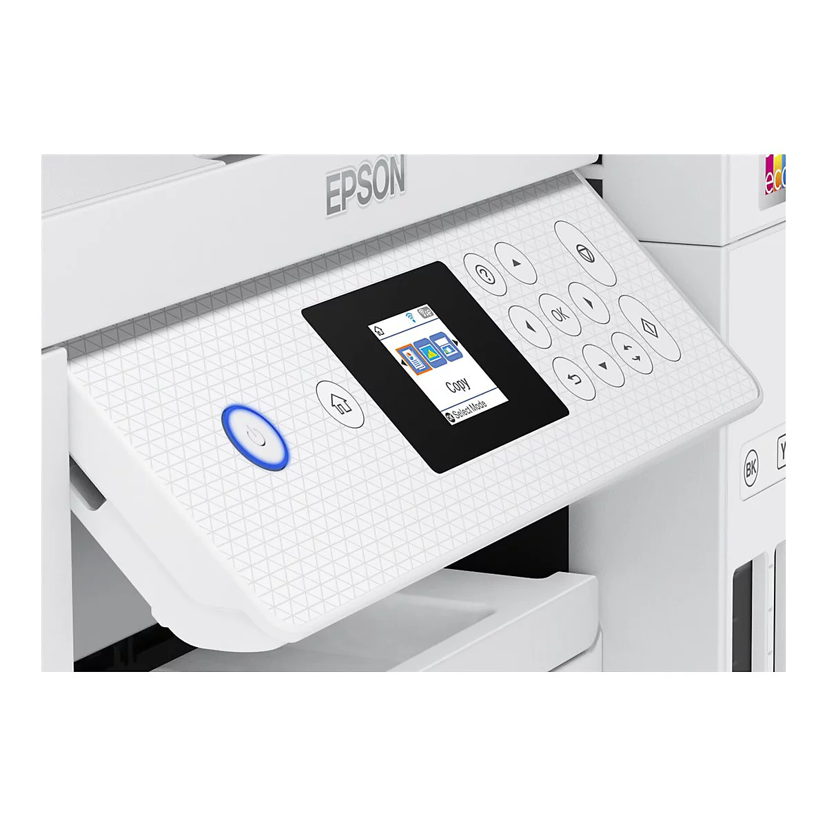 Detailaufnahme des Bedienfelds eines weißen Epson-Druckers mit Touchscreen und Tasten.