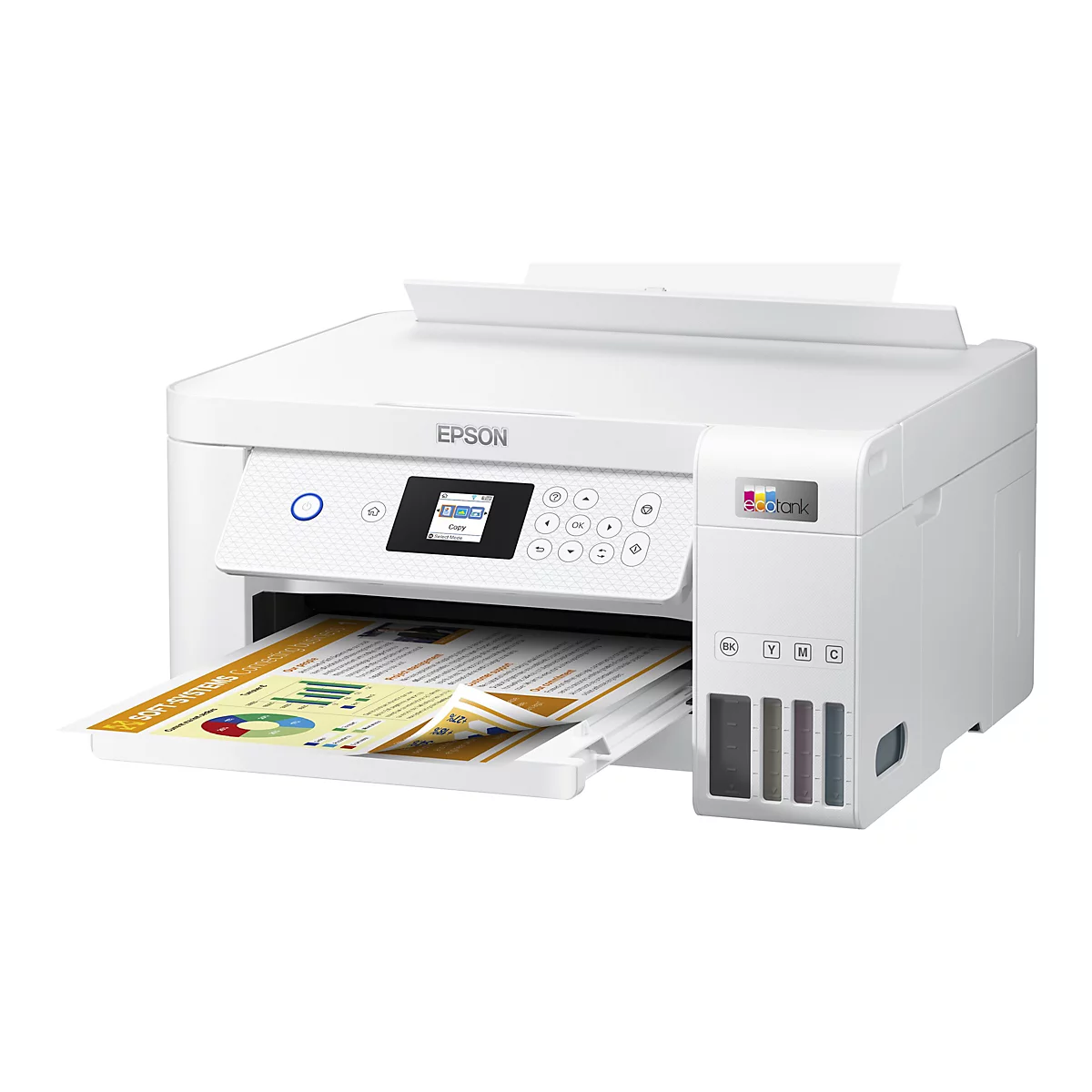 Ein weißer Tintenstrahldrucker, der gerade ein Blatt mit Text und Diagrammen ausgibt. Auf dem Drucker ist das Epson-Logo zu sehen, sowie ein Touchscreen-Display und farbige Tintenbehälter.