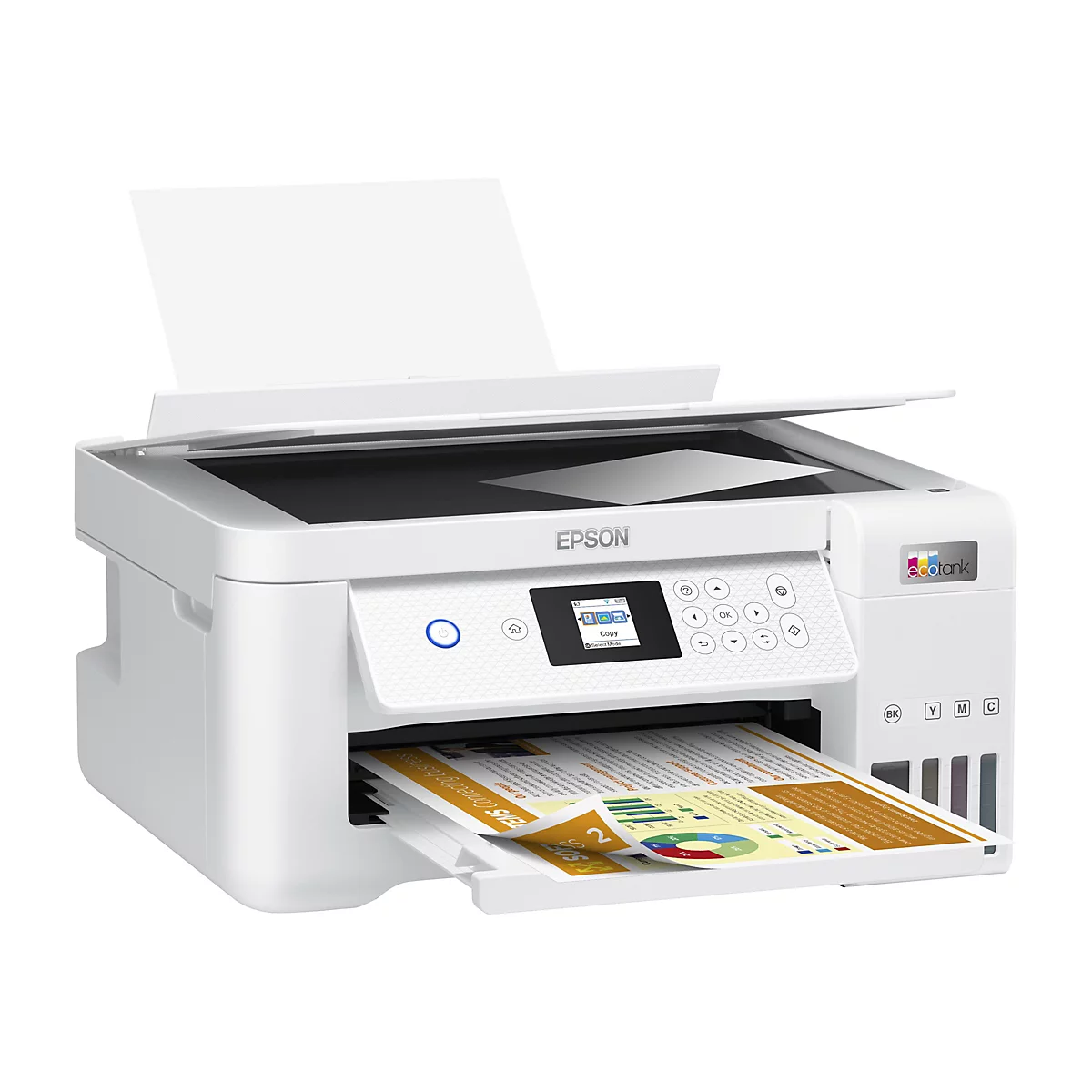Weißer Epson EcoTank Multifunktionsdrucker mit Farbdisplay und gedrucktem Diagramm im Ausgabefach.