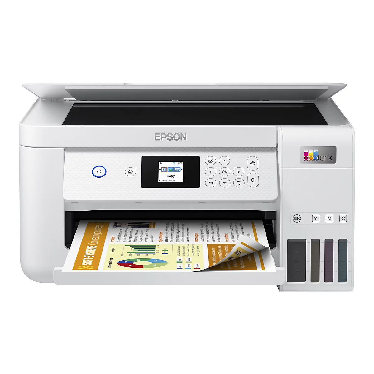 Weißer Epson EcoTank Multifunktionsdrucker mit Tintentanks und bedrucktem Blatt Papier.