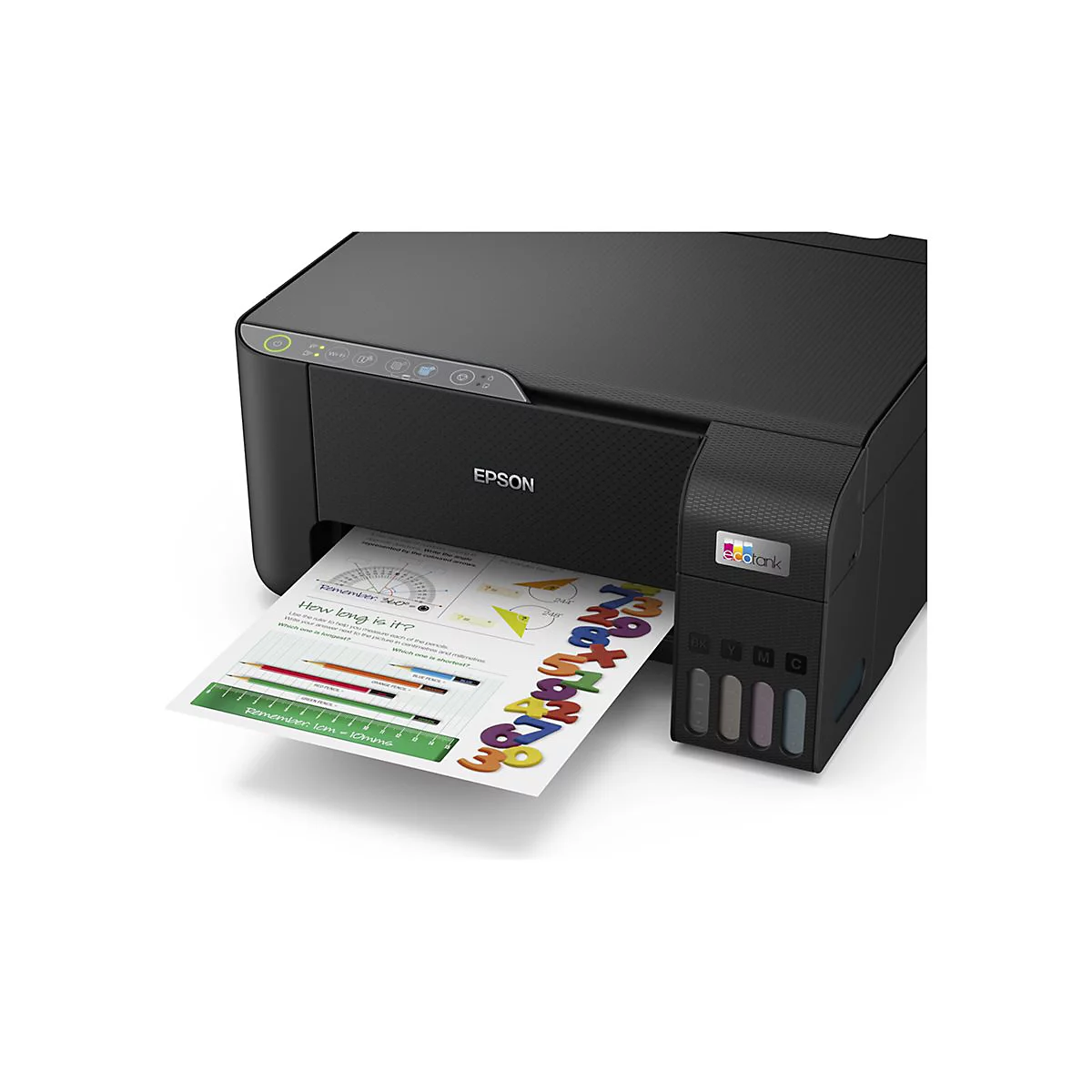 Schwarzer Epson-Drucker mit ausgedrucktem Blatt. Die SchriftzÃ¼ge sind auf dem Blatt erkennbar.